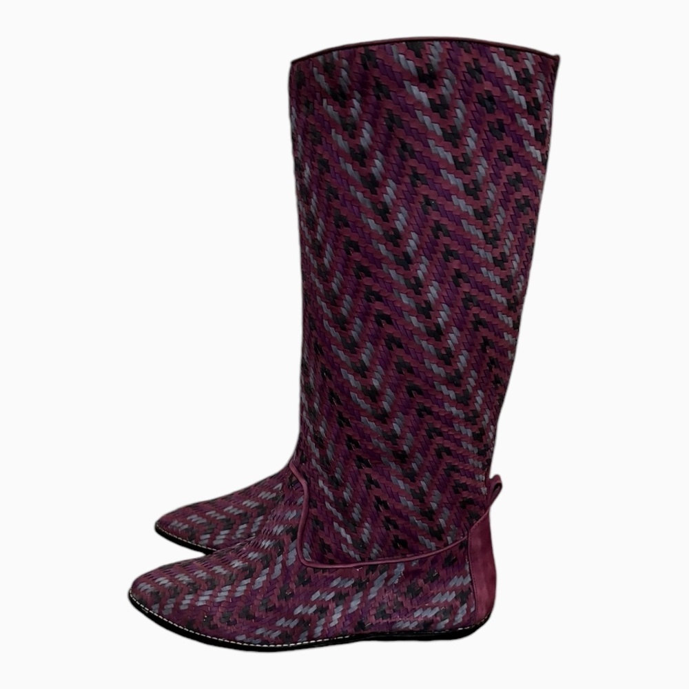 Size 7 Vintage tall purple multi color woven leather women pull on riding boots.